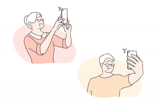Pessoas mais velhas tomam selfie, conceito de conjunto de mídias sociais