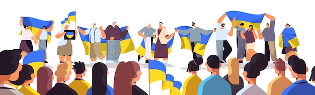 pessoas manifestantes segurando bandeiras ucranianas rezam pela paz na Ucrânia salvar a Ucrânia da rússia parar ilustração vetorial de conceito de guerra