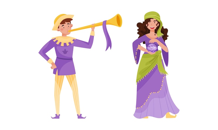 Vetor pessoas medievais definiram arauto e adivinhação idade média europeia personagens históricos desenhos animados