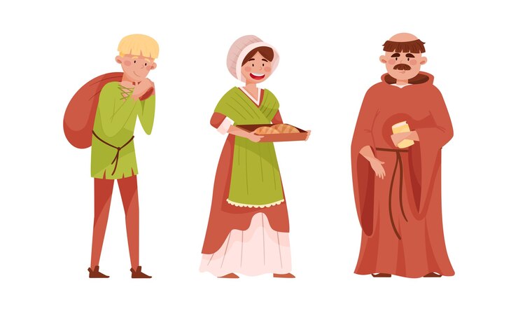 Vetor pessoas medievais definiram camponeses e bispos da idade média europeia personagens históricos vetor de desenho animado