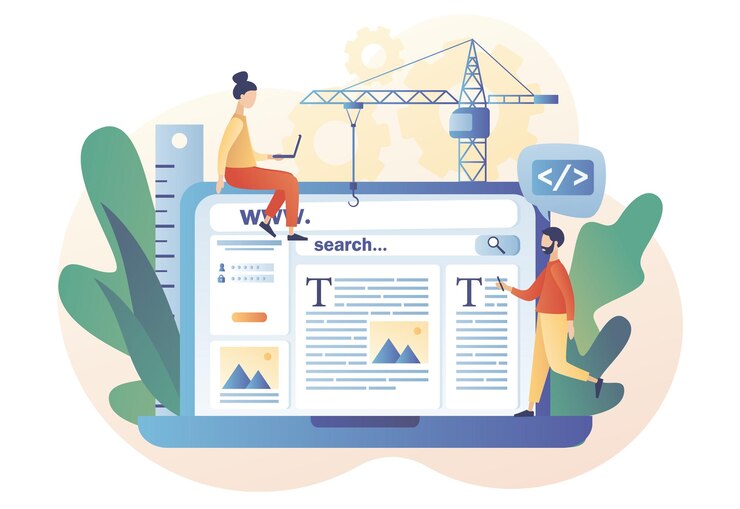 Vetor pessoas minúsculas construindo página da web no laptop conceito de design da web software de design de interface do site