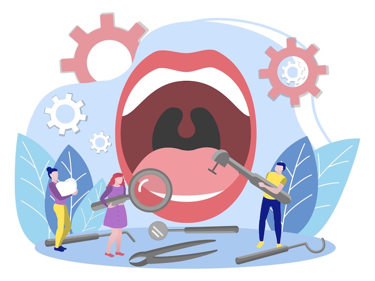 Vetor pessoas minúsculas examinando a boca aberta homem e mulheres tratando dentes enormes usando instrumentos odontológicos profissionais verifique o conceito de saúde bucal e dental ilustração vetorial plana