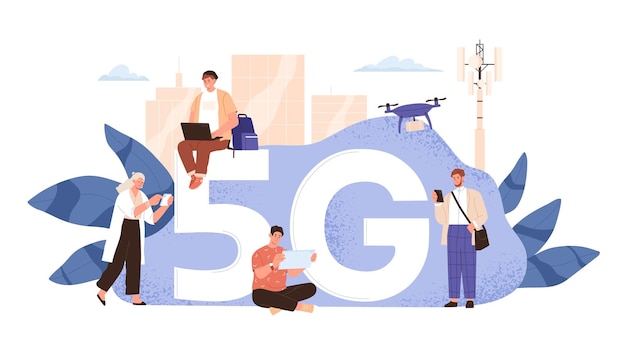 Pessoas modernas usam ilustração plana de vetor de internet de alta velocidade sem fio. homem e mulher com smartphone, laptop, tablet e drone na torre de telecomunicações de paisagem urbana isolada em branco. conceito de 5g.