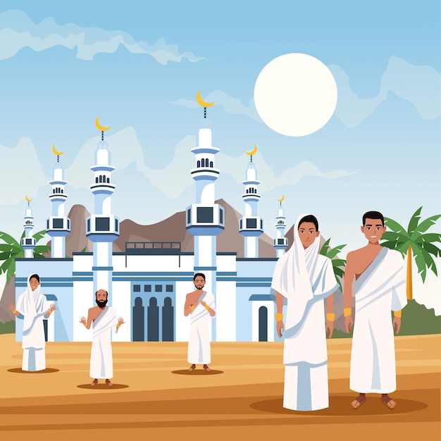 Pessoas muçulmanas no hajj mabrur viajam celebração projeto de ilustração vetorial