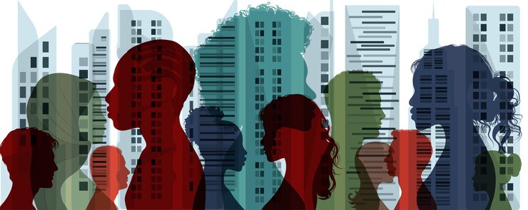Vetor pessoas multiculturaisconceito de sociedade e diversidadeintegração coexistência fundo da cidade