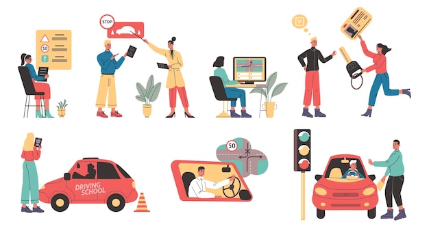 Pessoas na escola de condução Processo de aprendizagem de condução de automóveis Instrutor explica as regras da estrada Estudo de teoria do trânsito Estudantes praticam Obtenção de carteira de motorista Conjunto de educação automotiva vetorial