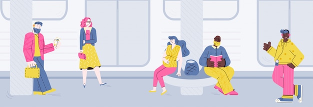 Pessoas na estação de metrô, esperando o trem - ilustração