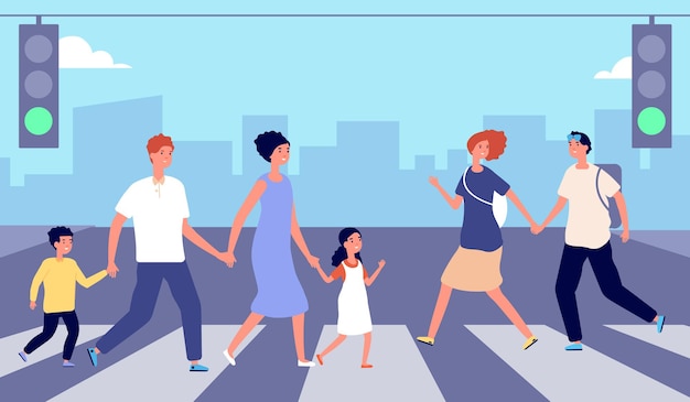 Pessoas na faixa de pedestres. Tráfego de pessoas, rua da cidade de multidão de pedestres. Homem mulher atravessar a estrada na luz verde, ilustração vetorial de estilo de vida urbano. Crosswalk people road road, trânsito urbano