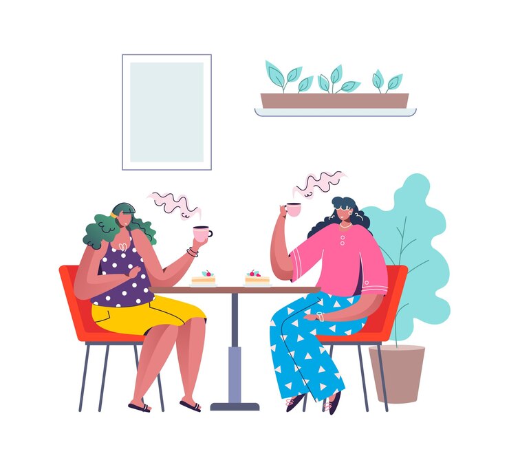 Vetor pessoas no café as mulheres dos desenhos animados bebem café com bolos as mulheres sentam-se à mesa no restaurante personagens segurando xícaras nas mãos vapor sobe da caneca pessoas felizes do vetor passam tempo juntas