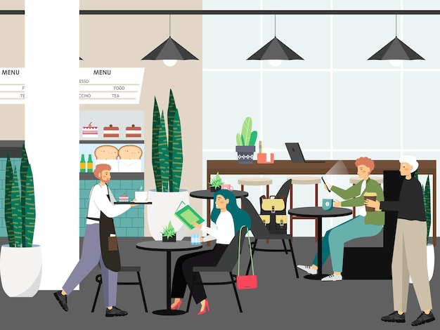 Pessoas no café trabalham e bebem café, ilustração vetorial de conceito. Os clientes compram café na cafeteria. Garçom traz café e bolo para cliente