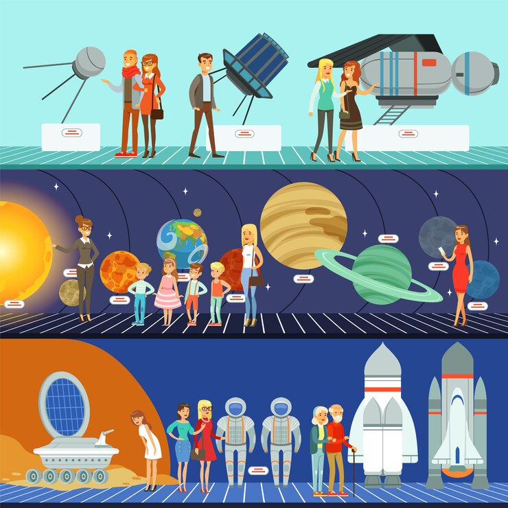 Vetor pessoas no conjunto de planetário, museu de educação em inovação horizontal ilustrações