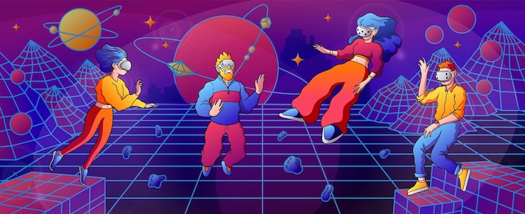 Vetor pessoas no metaverso meta tecnologia do futuro jogo de realidade virtual óculos de realidade virtual cyberspace wireframe pessoas voam com fones de ouvido comunicação de smartphone inovação futurista vetor