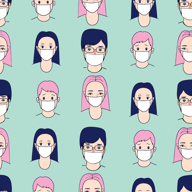 Pessoas no padrão de ilustração médica máscara facial branca.