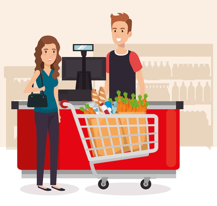 Vetor pessoas no ponto de pagamento de supermercado