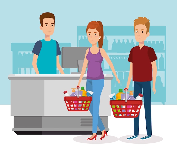 Vetor pessoas no ponto de pagamento de supermercado