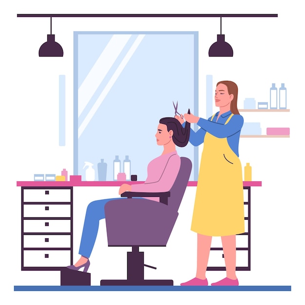 Vetor pessoas no salão de cabeleireiro barbeiro com cliente cabeleireiro fazendo penteado para cliente mulher sentada na poltrona profissão de cabeleireiro corte de cabelo de trabalhador de barbearia ilustração vetorial