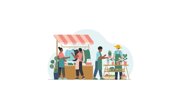 pessoas num mercado a vender plantas e roupas