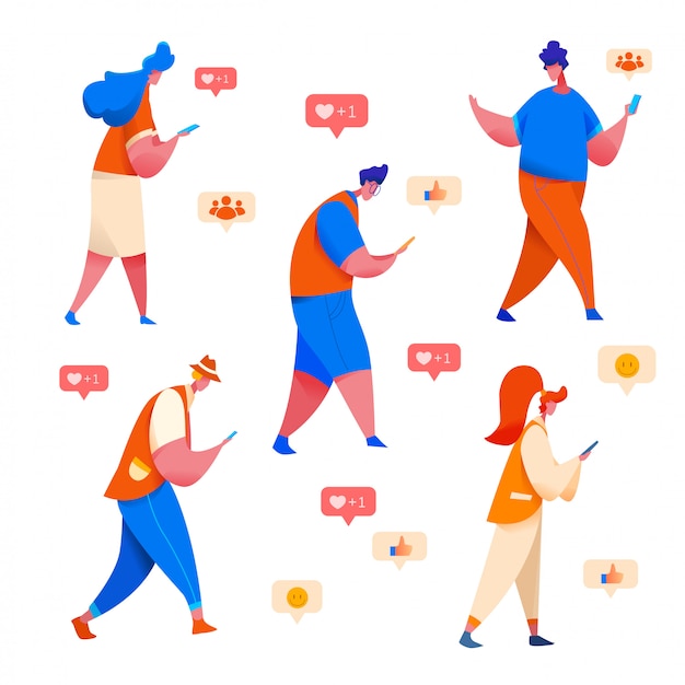 Pessoas olhando para o telefone com redes sociais emoji, sorrisos es.