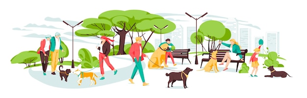 Pessoas passeando com cachorros no parque urbano