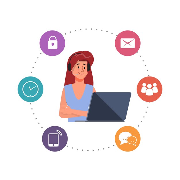 pessoas personagem trabalhando com um laptop e Call center personagem ilustração em vetor plana.