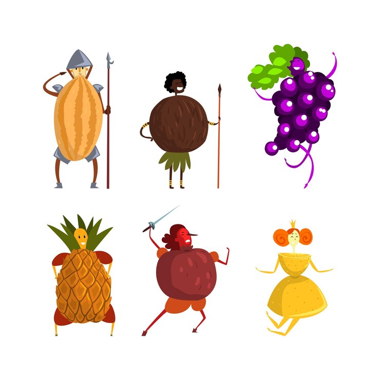 Vetor pessoas personagem vestindo frutas e bagas trajes de quadrinhos conjunto vetorial