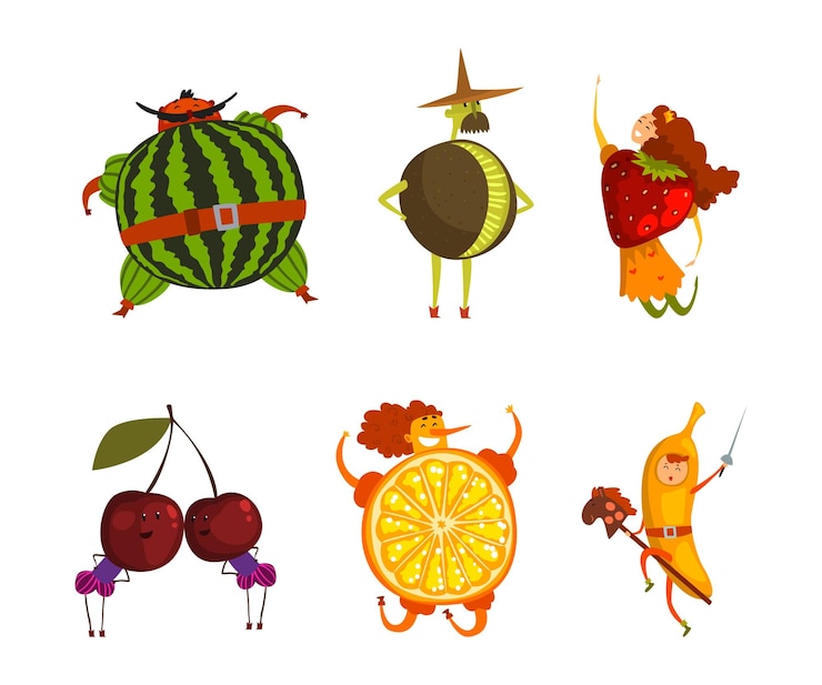 Vetor pessoas personagem vestindo frutas e bagas trajes de quadrinhos conjunto vetorial