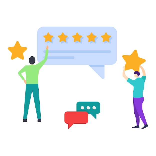 Pessoas personagens dando feedback de cinco estrelas conceitos de revisão de clientes