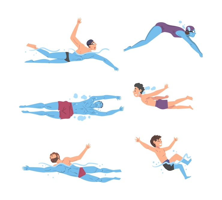 Vetor pessoas personagens nadando na água mergulho e mergulho com bolhas vector set