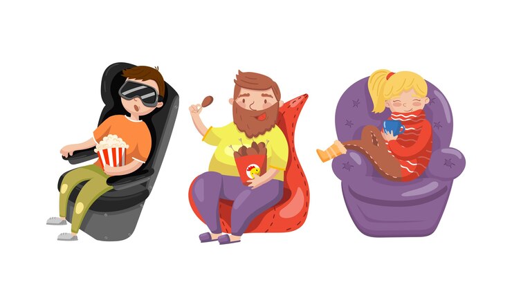 Vetor pessoas personagens sentados em cadeiras aconchegantes e descansando conjunto de ilustrações vetoriais