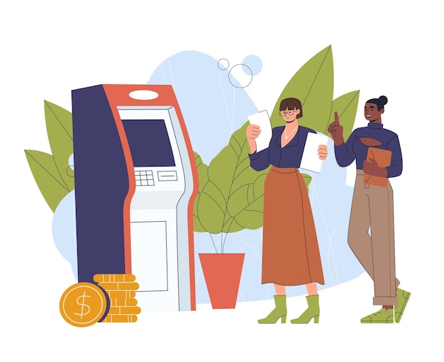 Pessoas perto de caixas eletrônicos mulheres perto do terminal com moedas de ouro clientes do banco em linha transações sem dinheiro e