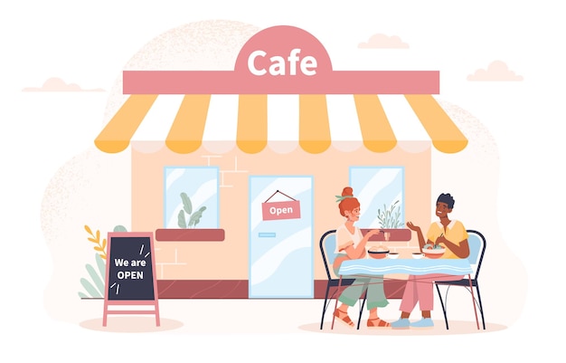 Pessoas perto do conceito de café aberto Catering e pequenas empresas Estudantes ou amigos passando tempo juntos Café ou restaurante Reunião de colegas Ilustração vetorial plana de desenho animado