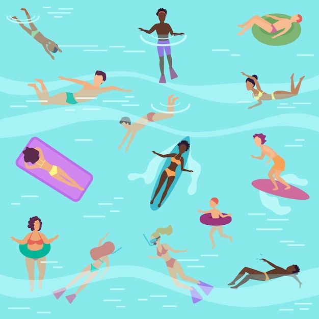 Pessoas plana dos desenhos animados no mar ou oceano, nadar, mergulhar, tomar sol em colchões de ar flutuantes