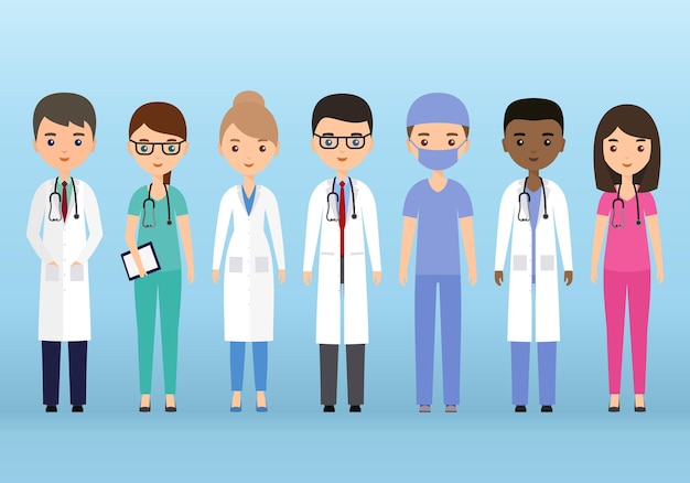 Pessoas planas de personagens médicos. Médicos e enfermeiras juntos. Conceito de medicina.