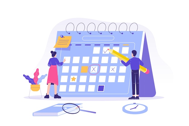 Vetor pessoas planejando a programação em um calendário