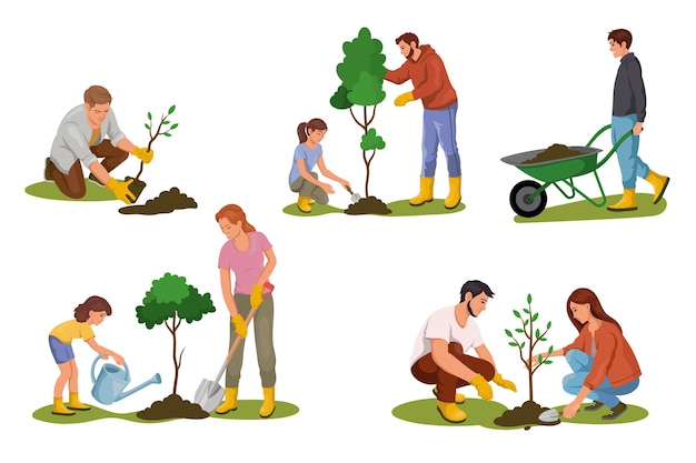 Pessoas plantando árvores e jardinagem juntas ilustração vetorial