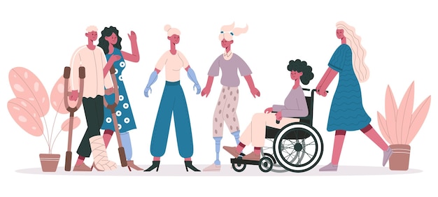 Vetor pessoas portadoras de deficiência. grupo de personagens com deficiência, ilustração em vetor amigável pessoas com deficiência. grupo de pessoas com deficiência. deficientes e incapacitados, inválidos em cadeira de rodas, deficientes físicos e deficientes
