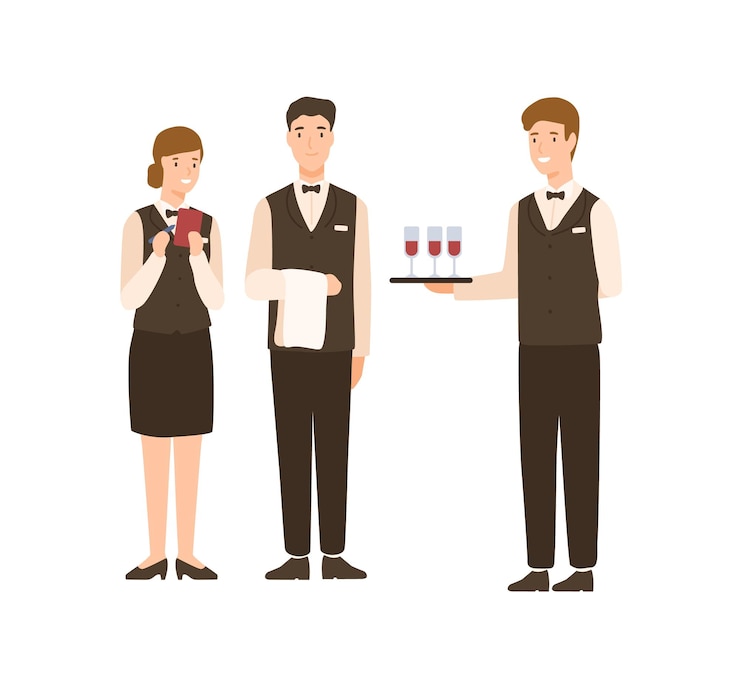 Vetor pessoas positivas dos desenhos animados do pessoal do hotel em pé isolado no fundo branco. garçom de homem e mulher sorridente de uniforme segurando bocal de vinho na bandeja ilustração vetorial plana. funcionário do serviço de restaurante.