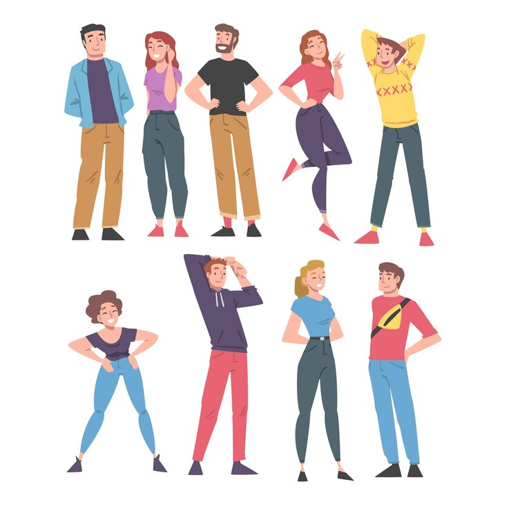 Vetor pessoas positivas personagens de pé com rostos sorridente sentindo euforia e em altos espíritos vector set