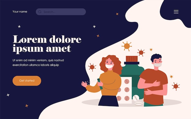 Pessoas prevenindo a infecção por coronavírus. Usando máscaras, desinfetando as mãos, comprimidos e ilustração vetorial plana de drogas. Covid, epidemia, conceito de tratamento para banner, design de site ou página de destino