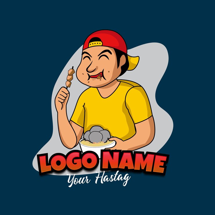 Pessoas que comem personagem para logotipo de empresa de alimentos