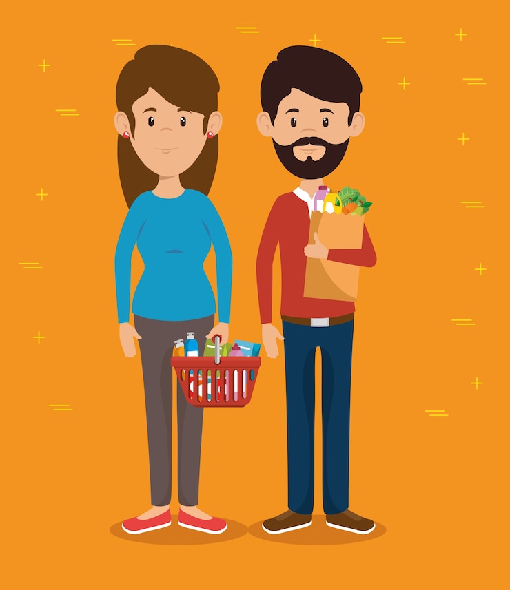 Vetor pessoas que compram no supermercado com oferta especial