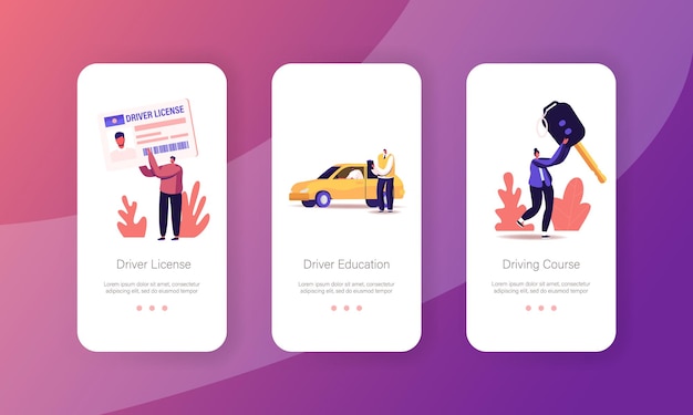 Pessoas que estudam na escola para obter carteira de motorista Modelo de tela integrada da página do aplicativo móvel