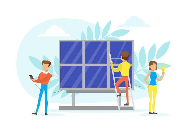 Vetor pessoas que se preocupam com a ecologia e usam fontes alternativas de energia conceito de proteção do meio ambiente ilustração de vetor plano