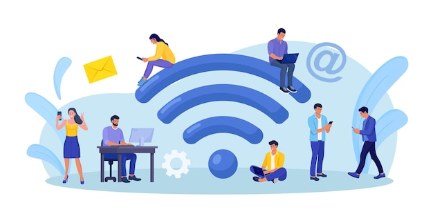 Pessoas que trabalham com dispositivos portáteis perto de um grande sinal de wifi na zona de internet gratuita conexão sem fio de ponto de acesso wifi gratuito público personagens navegando na internet globalização e acessibilidade da tecnologia