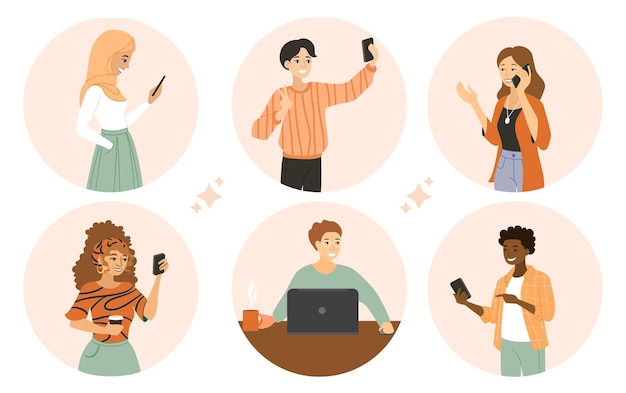 Pessoas que usam dispositivos coleção de imagens com pessoas que usam gadgets avatares de pessoas com telefones