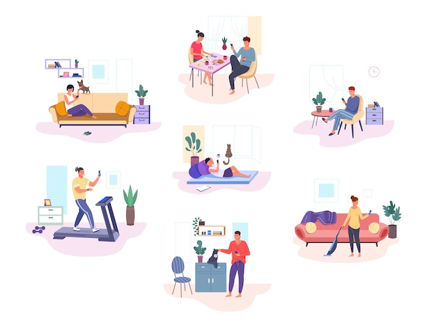 Pessoas que usam dispositivos em casa Mulher com celular ou laptop sala interna no sofá casal tomando café da manhã rolando notícias em smartphones vício digital berrante vetor