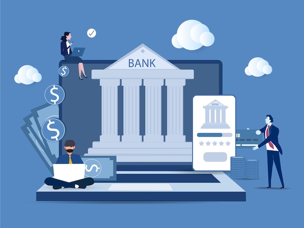Pessoas que usam laptop e smartphone móvel para serviços bancários e contabilidade on-lineBanco móvel e conceito de pagamento on-line Ilustração vetorial
