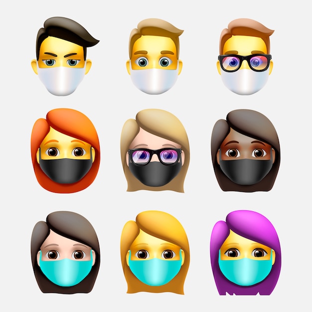 Vetor pessoas que usam máscara médica protetora para prevenir o coronavírus 2019-ncov e a poluição do ar. ícone de estilo emoji.