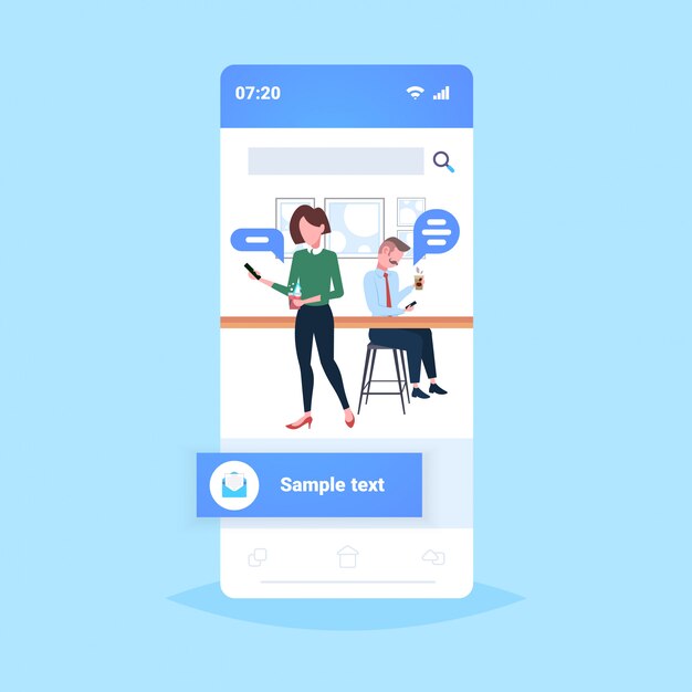 pessoas que usam o bate-papo de aplicativo móvel bolha conceito de comunicação de mídia social visitantes do café bebendo café on-line conversa de tela cheia smartphone tela