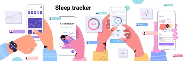 Pessoas que usam o rastreador de aplicativo de relógio inteligente eletrônico no conceito de controle de sono de qualidade e quantidade de mão